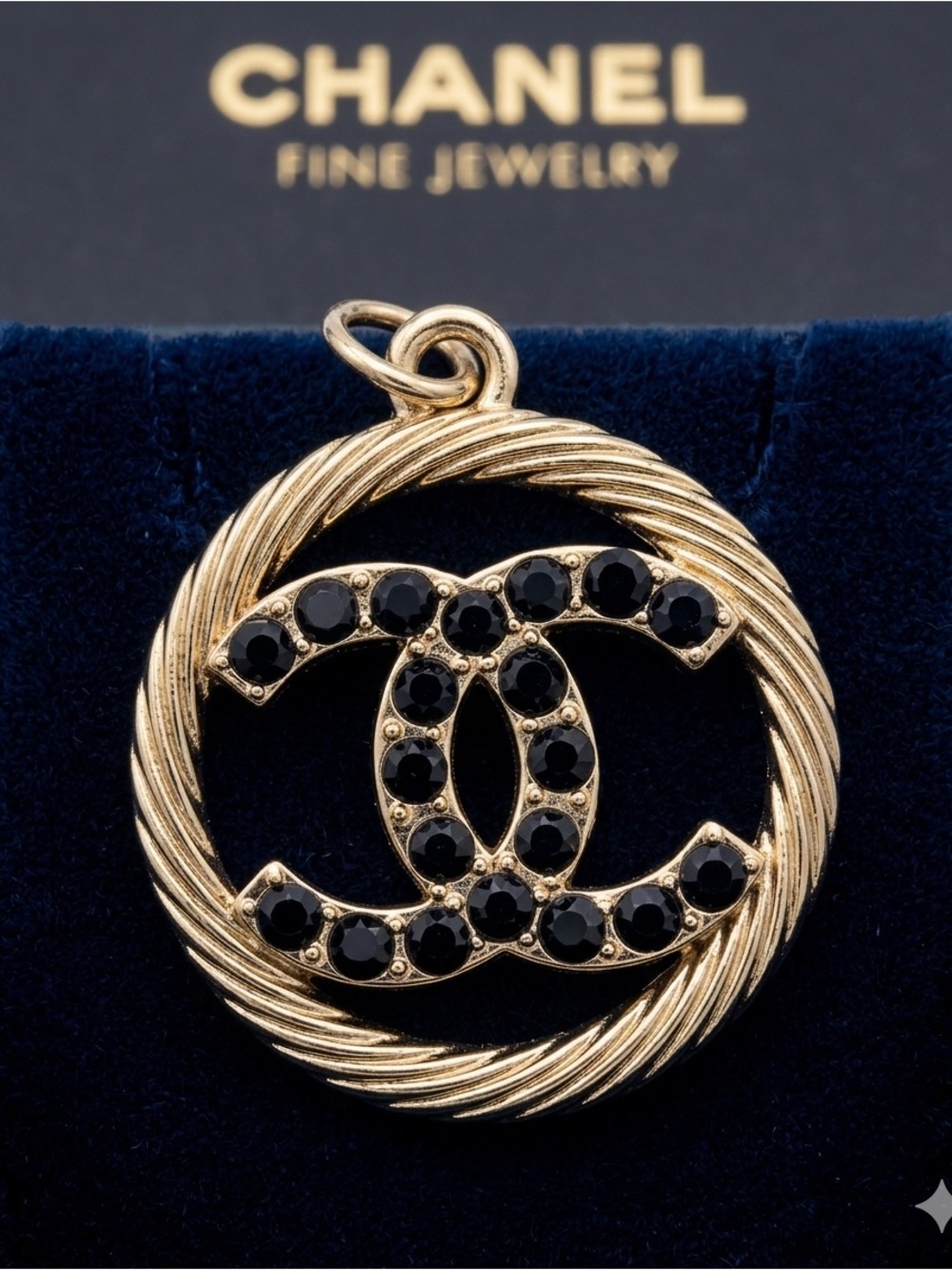ChaneI Silver -Tone Pendant with Black Crystal Interlocking C
